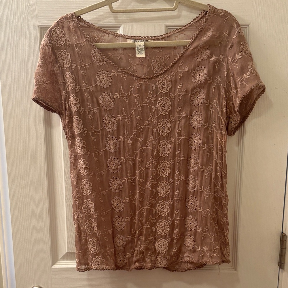 Lucky Brand Embroidered Short Sleeve Top - Brown